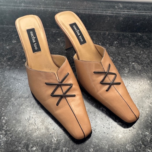 Sacha Too Women Tan Leather Pointed Toe Lace Up Mule Heels Size 7.5B - Picture 2 of 10